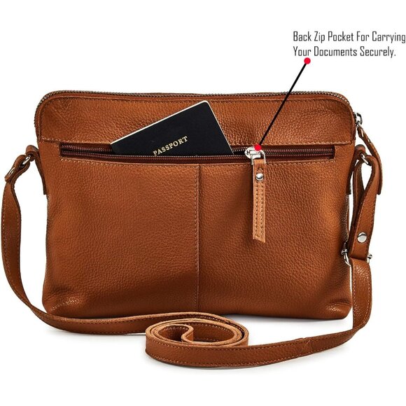 Women Cognac Imported Leather Polyester Crossbody Sling Shoulder Crossover Bag - Picture 5 of 6